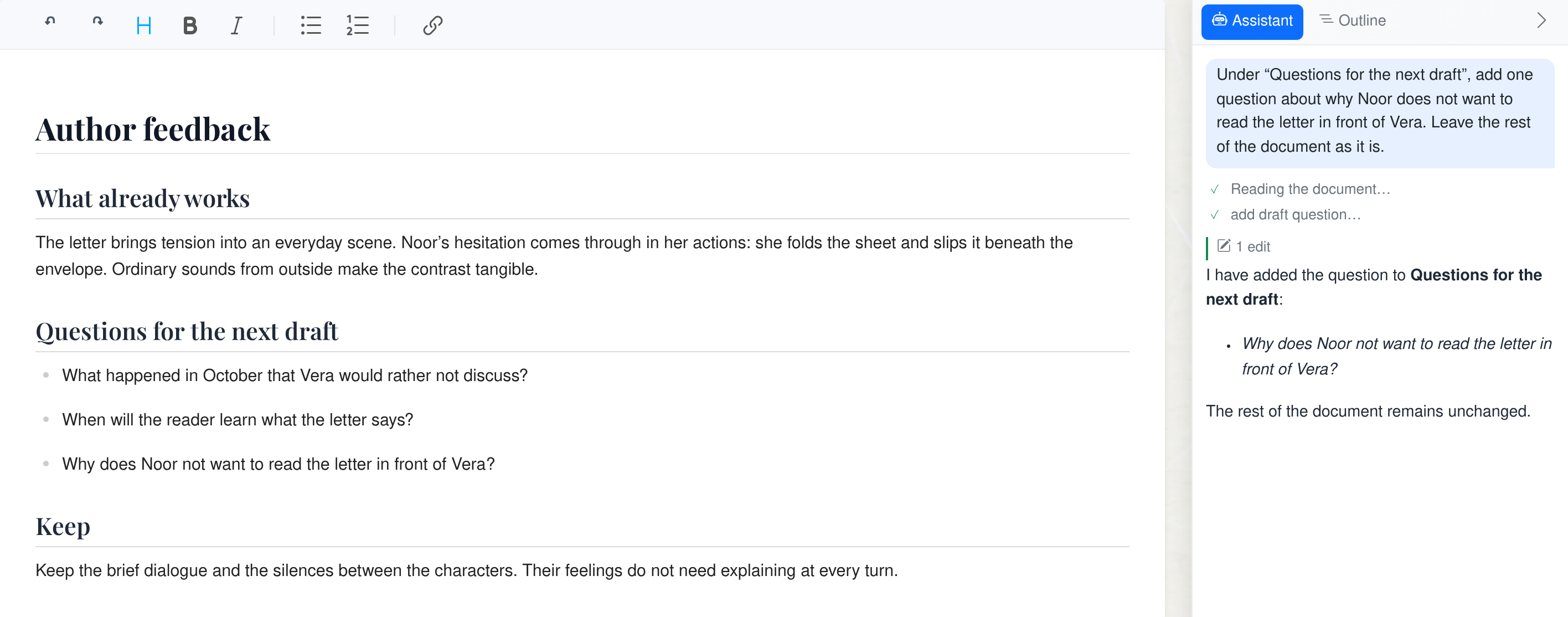 Demonstration author feedback with an additional question about Noor, beside the instruction and the assistant's response
