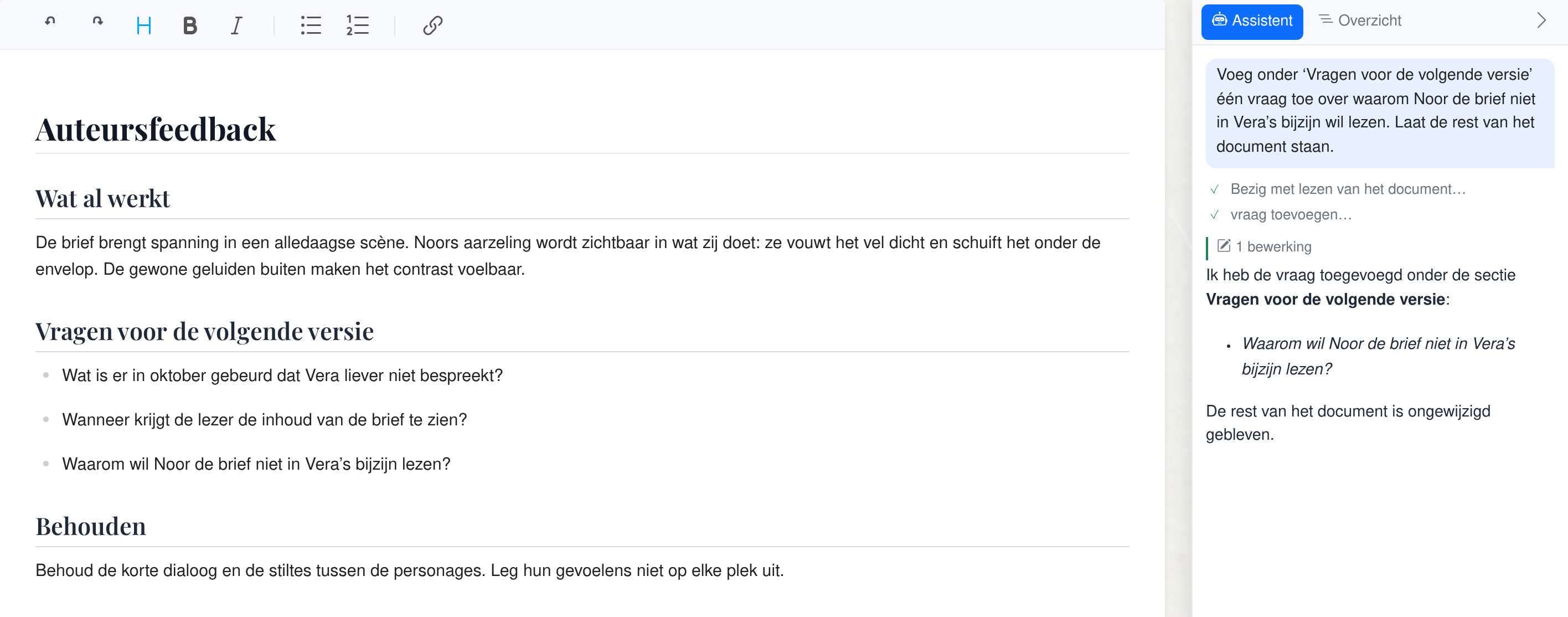 Voorbeeld van auteursfeedback met een toegevoegde vraag over Noor, naast de opdracht en de reactie van de assistent