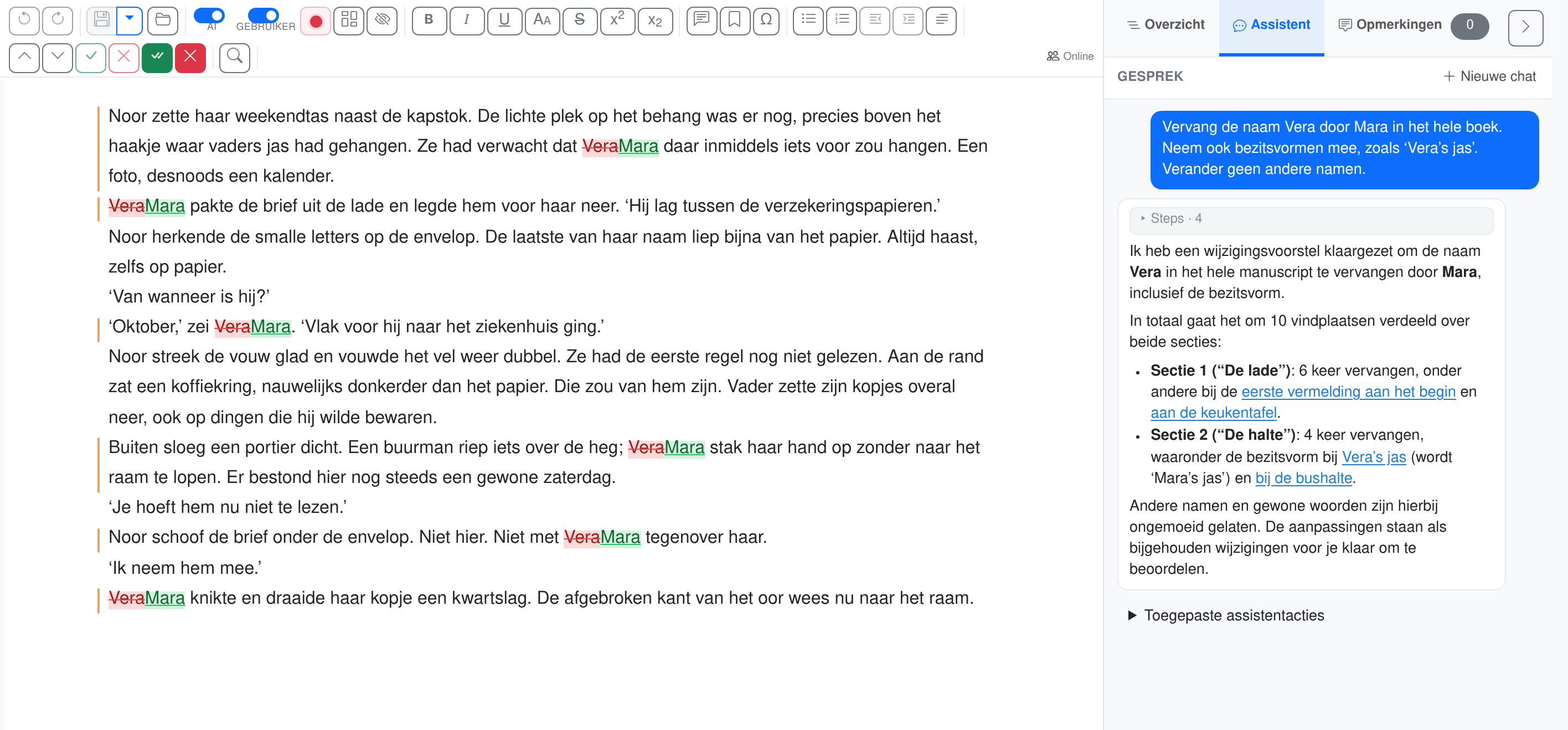 Vera vervangen door Mara met bijgehouden wijzigingen, naast de reactie van de assistent over tien vervangingen in twee hoofdstukken