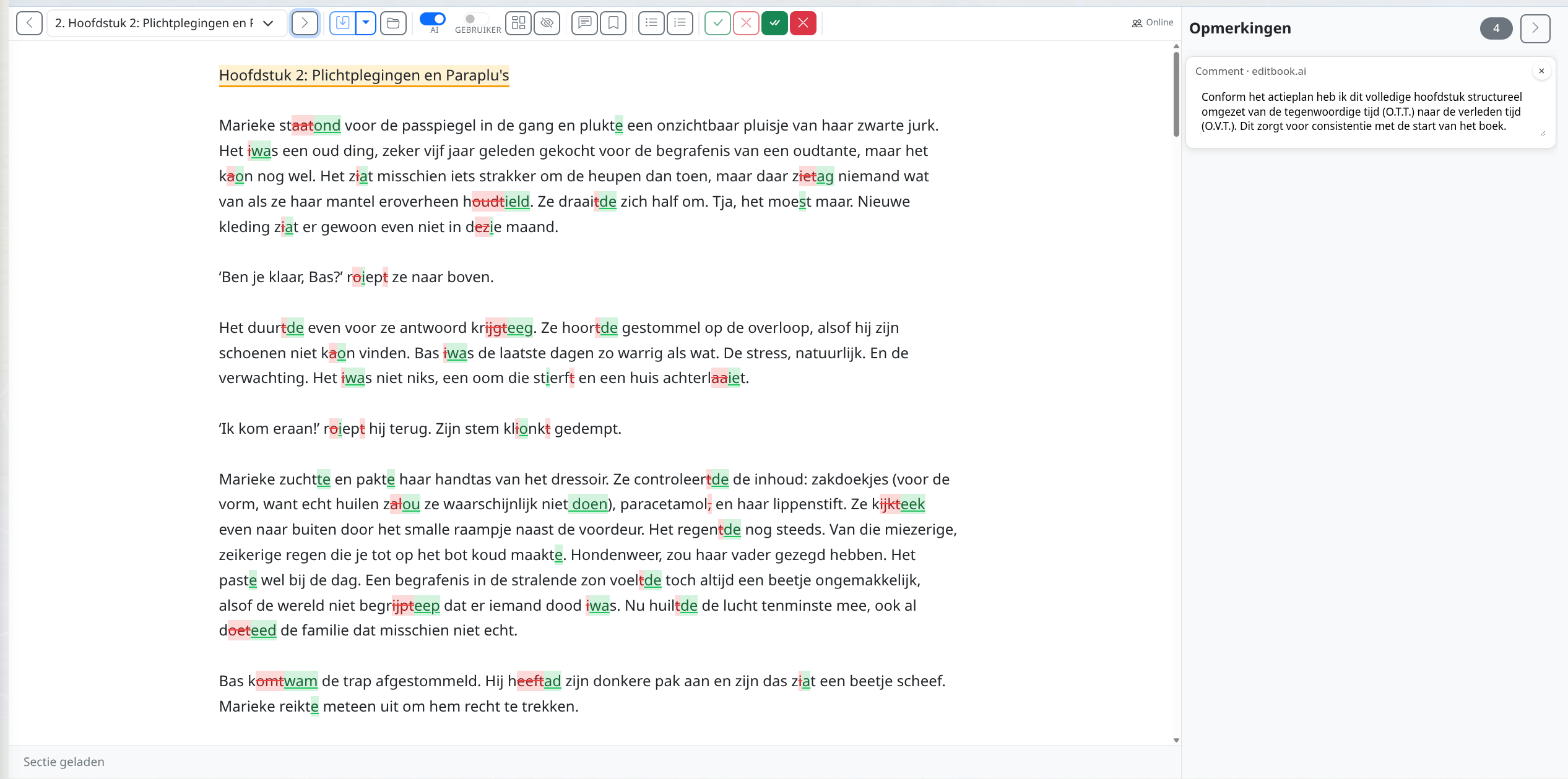 EditBook.ai-editor met een manuscript met bijgehouden wijzigingen en een opmerking in het zijpaneel die de redenering achter de voorgestelde bewerking uitlegt