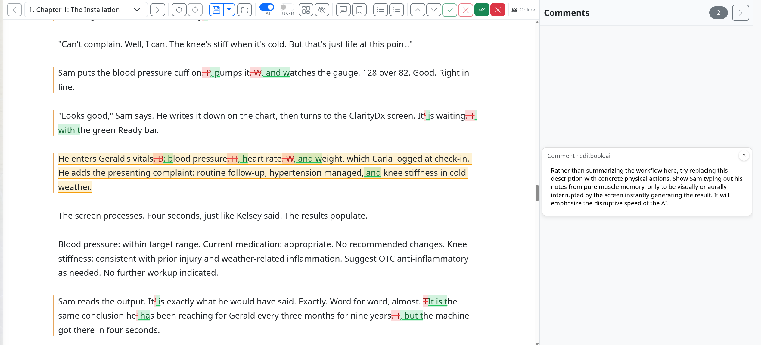 EditBook.ai editor with a tracked-changes manuscript and a side-panel comment explaining the rationale for the suggested edit