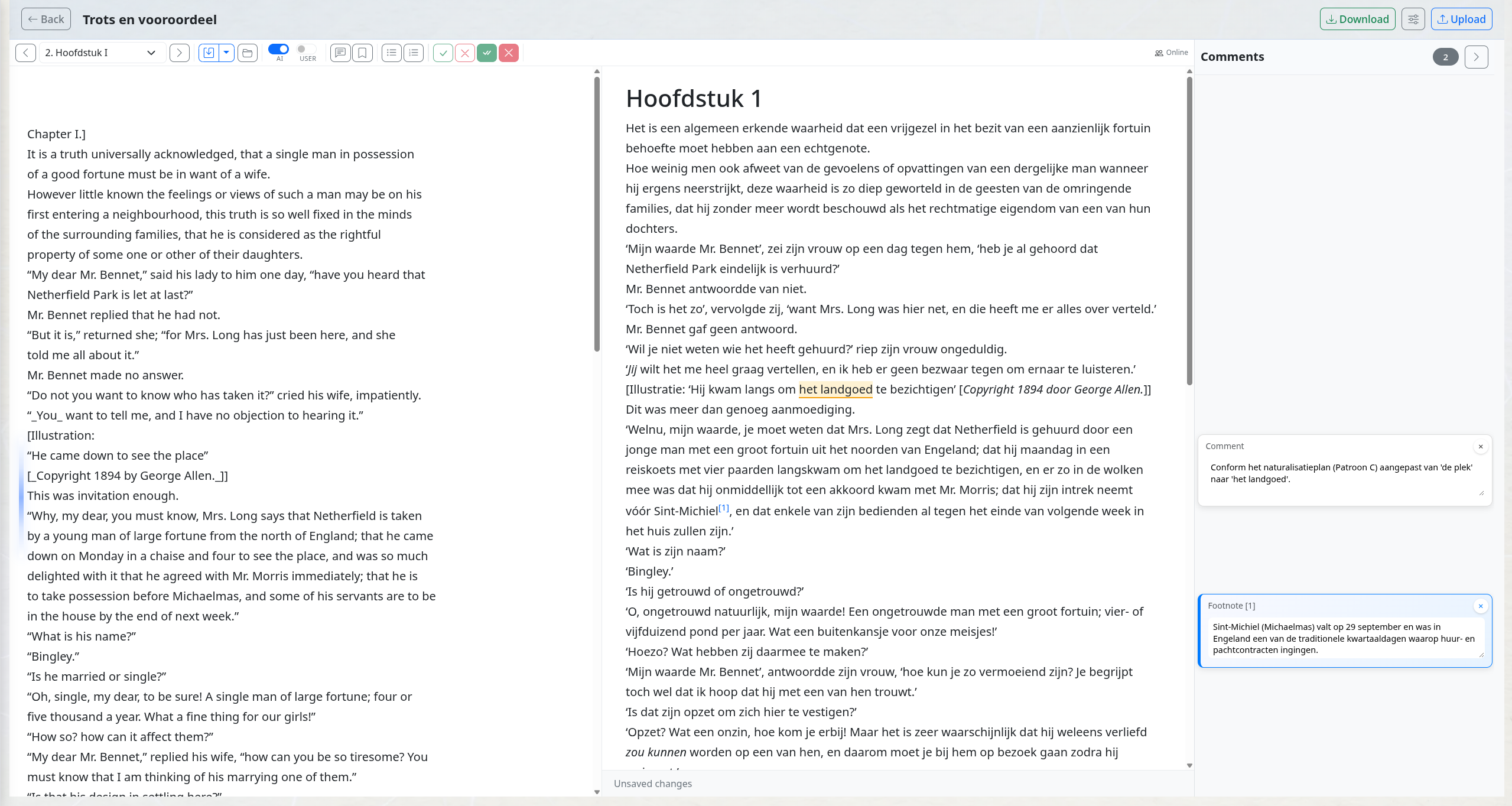 Translation work stays close to the text with source and target in sync