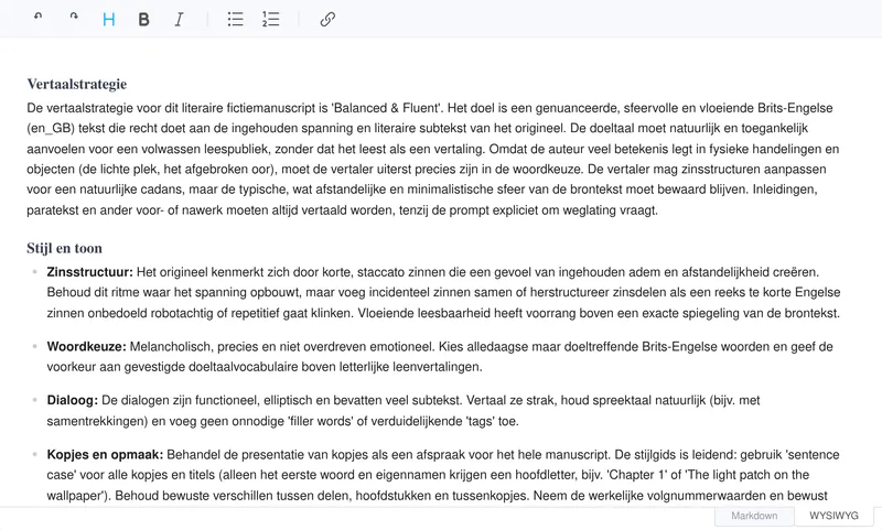 Bewerkbaar vertaalplan voor de scène met Noor, met richtlijnen voor strategie, stijl en toon