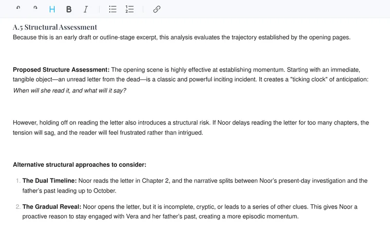 Structure section of the analysis of Noor and the unread letter, with a suggested alternative for when the letter is opened