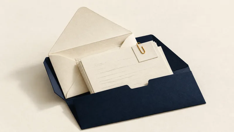 Paper illustration of an author's letter and manuscript kept together in a navy project folder