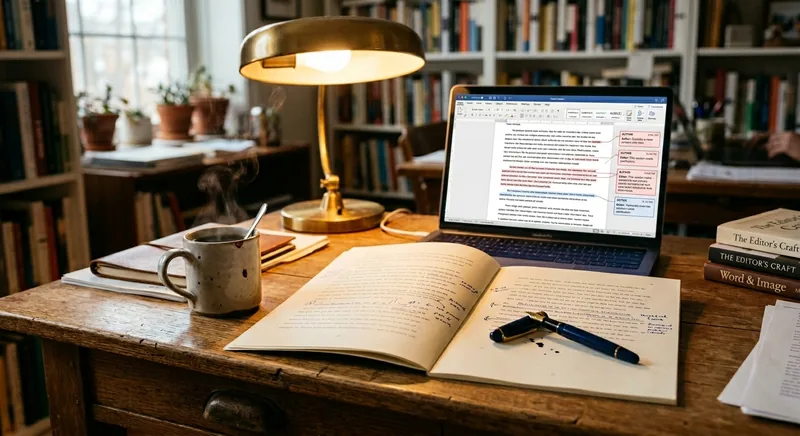 An editorial desk with an open manuscript and a laptop showing a Word document with track changes