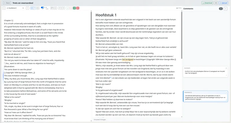 Side-by-side translation editor with source and target locked in sync