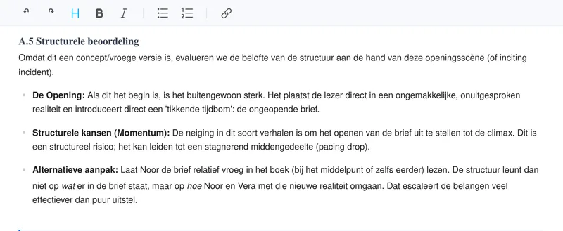 Structuurdeel van de analyse over Noor en de ongeopende brief, met een voorstel voor het moment waarop de brief wordt gelezen