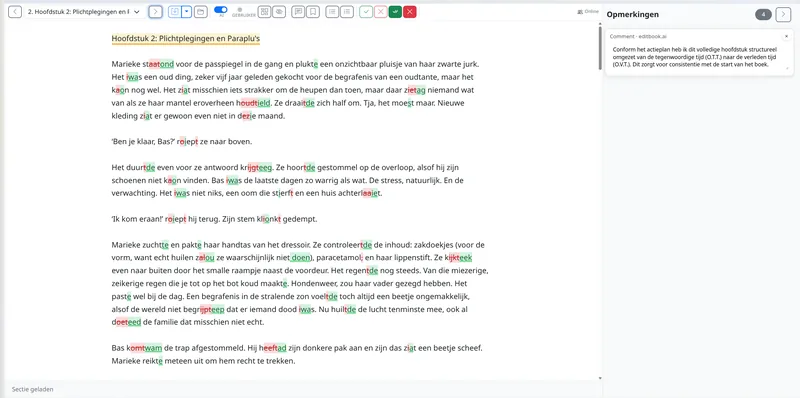 Editor with tracked changes on a manuscript chapter and an inline explanatory comment