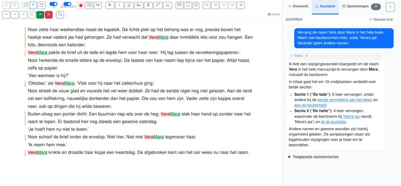 Vera vervangen door Mara met bijgehouden wijzigingen, naast de reactie van de assistent over tien vervangingen in twee hoofdstukken