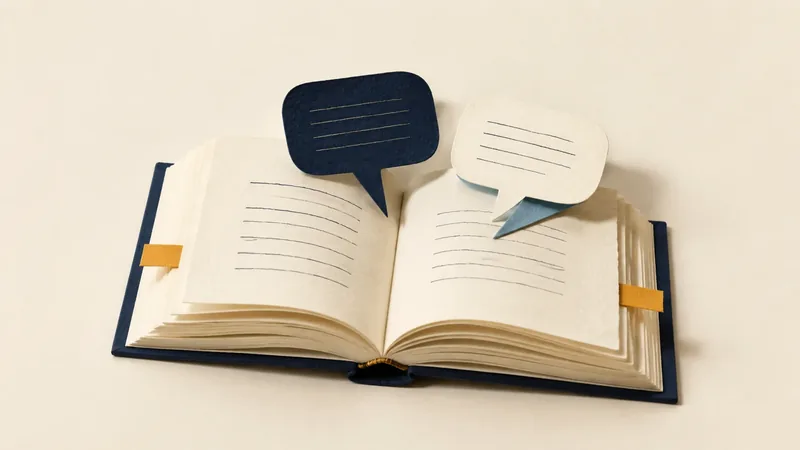 Paper illustration of an open book with two speech bubbles and marked pages