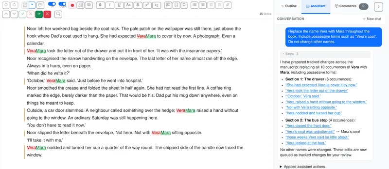 Vera replaced with Mara in tracked changes, beside the assistant's reply reporting ten replacements across two chapters