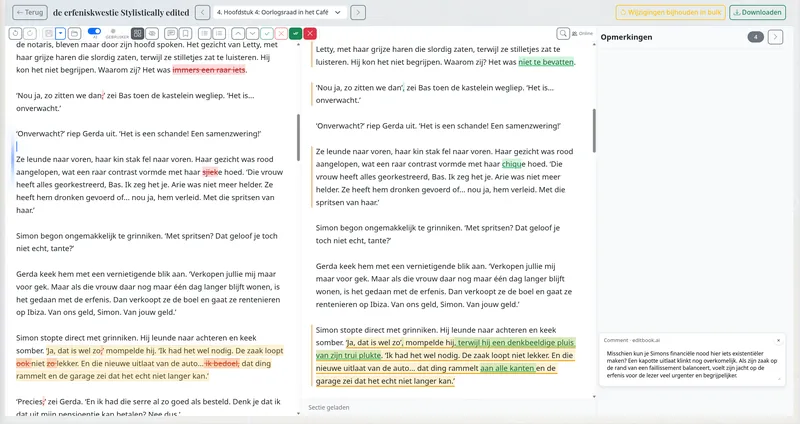 The split-view EditBook.ai editor with the original chapter on the left and the AI-edited version with revisions and comments on the right