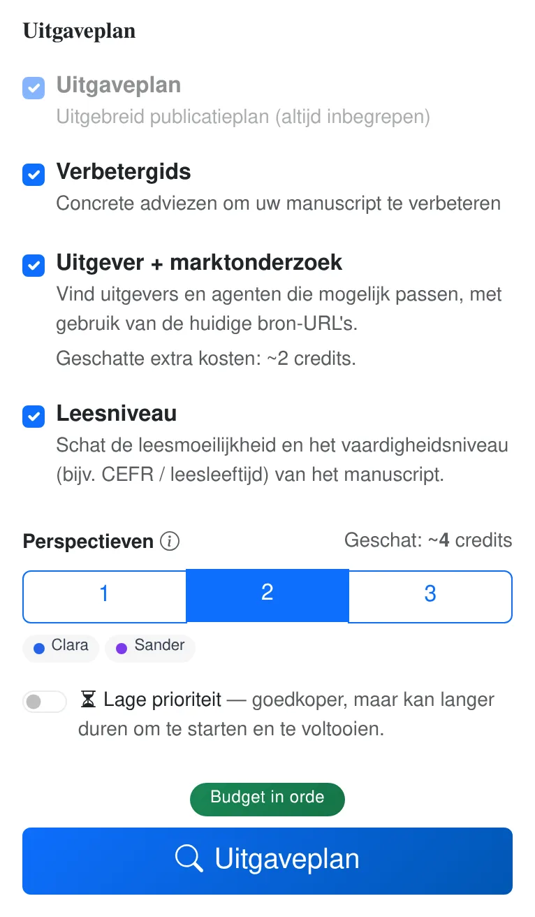 Huidige analyse-instellingen met één, twee of drie perspectieven, optioneel uitgevers- en marktonderzoek en een kostenraming