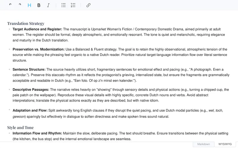 Editable translation plan for the scene with Noor, with strategy, style and tone guidance