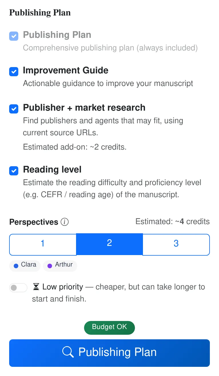 Current analysis settings with one, two or three perspectives, optional publisher and market research, and a credit estimate