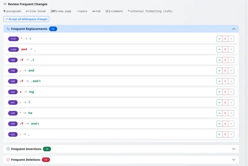 The EditBook.ai bulk review interface showing grouped recurring changes with accept and reject buttons