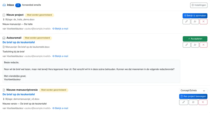 Voorbeeldinbox met een nieuwe manuscriptversie, een opengeklapte auteursmail en een voorgesteld nieuw project, allemaal met fictieve gegevens