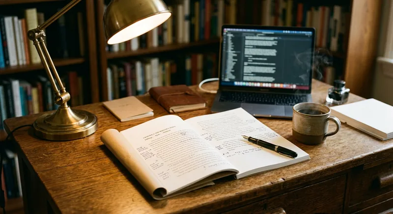 Warm editorial desk with manuscript and laptop